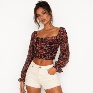 Few Moda Walter Cropped Top Dark Purple Abstract Ruched Smocked Large NWT‎